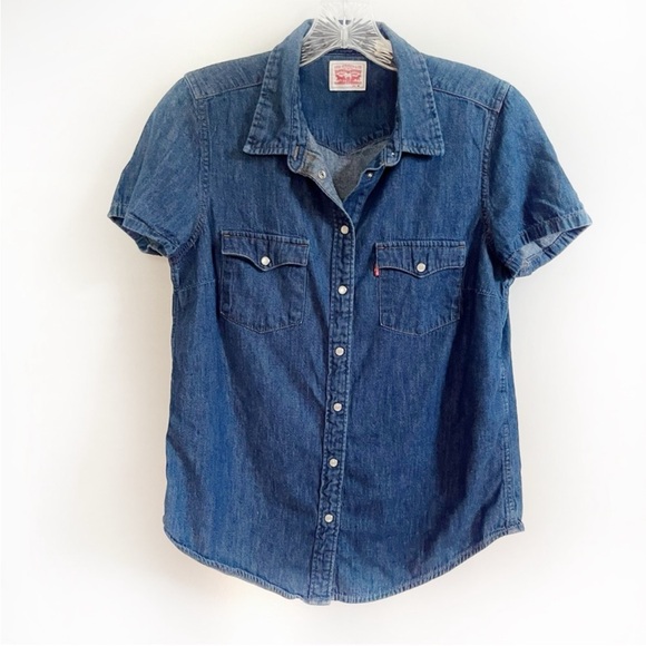 Levi's Larissa western shirt blue denim short sleeves dark wash snaps - Picture 2 of 8